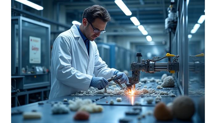 研究室で複合素材の精密加工を行う技術者と先進機械